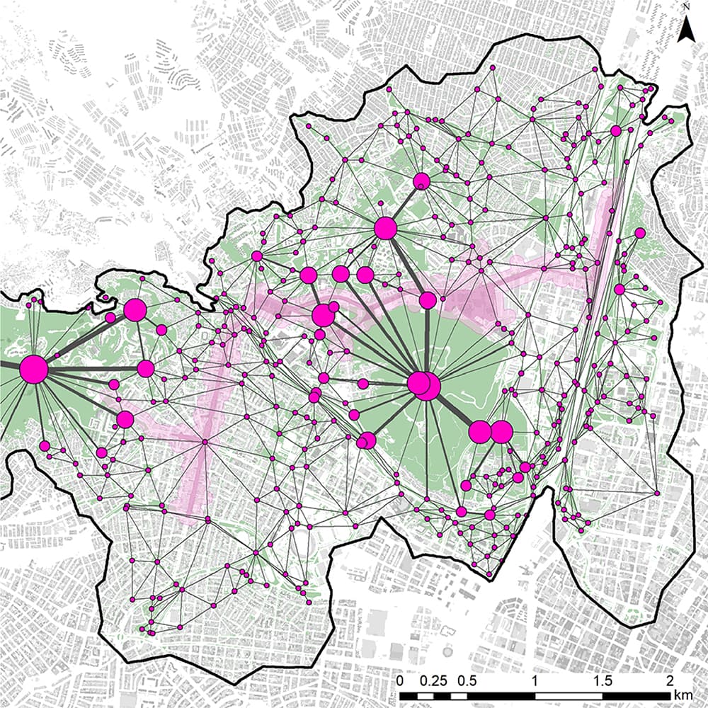 Mapa de conectividad ecológica urbana del Tramo 1 del Metro de la 80 en el Valle de Aburrá, con nodos y corredores verdes sobre trama urbana.